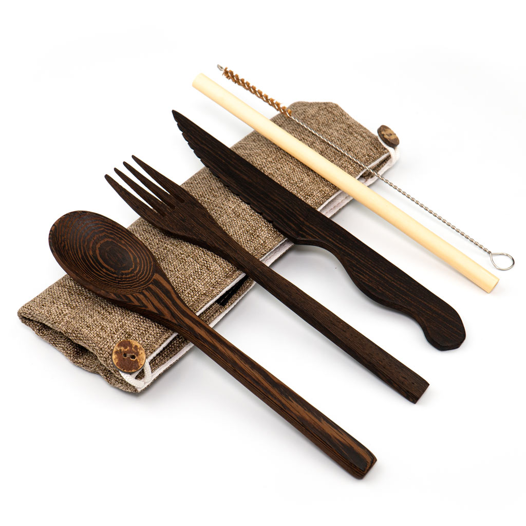 Dark Wood Cutlery Set (Dark grey bag)-6